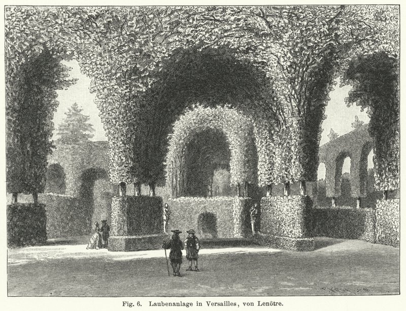 Conception de jardin : tonnelles dans les jardins de Versailles, France, aménagés par André le Nôtre au XVIIe siècle (gravure) - German School