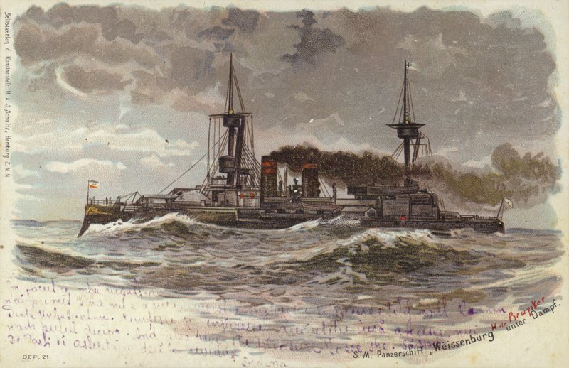 Cuirassé allemand SMS Weissenburg, fin du 19e ou début du 20e siècle (lithographie en couleur) - German School