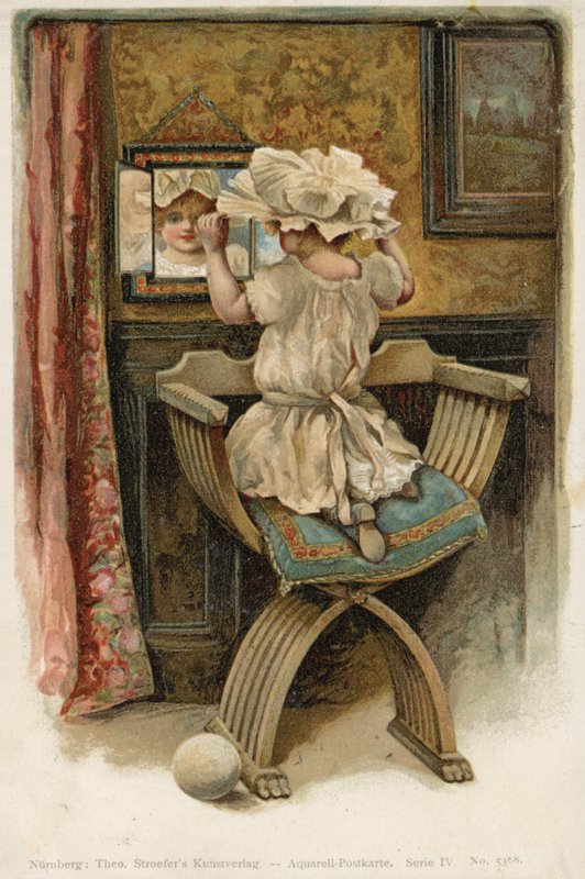 Fille en bonnet se regardant dans le miroir - German School