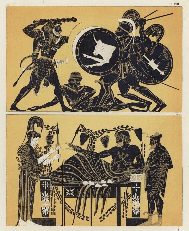 Hercule combattant Géryon et Géryon avec Athéna et Dionysos - German School