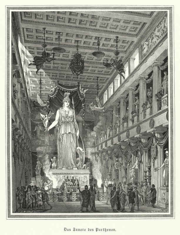 Intérieur du Parthénon, Athènes, avec la statue colossale de la déesse grecque Athéna - German School