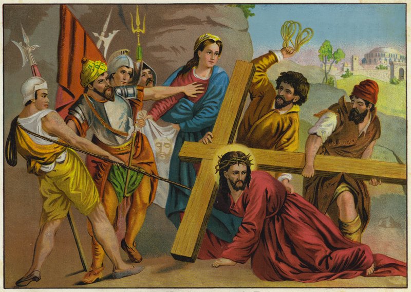 Jésus tombant sous le poids de sa croix sur le chemin de sa crucifixion (litho couleur) - German School
