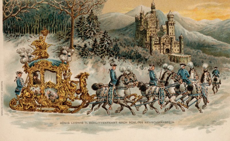 Le roi Louis II de Bavière se rendant au château de Neuschwanstein dans un traîneau doré (chromolitho) - German School