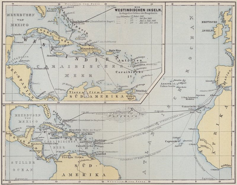 Carte montrant les voyages de Christophe Colomb, 1492-1504 - German School