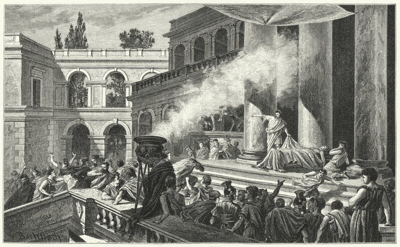 Marc Antoine provoque une émeute avec son oraison funèbre lors des funérailles de Jules César, 44 av. J.-C. (gravure) - German School