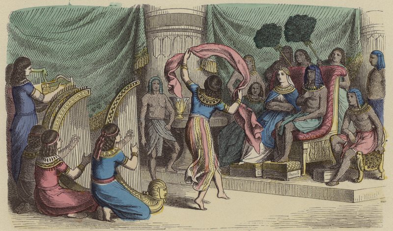 Musiciens et danseurs se produisant devant le Pharaon en Égypte ancienne (gravure en couleur) - German School