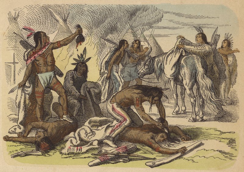 Braves amérindiens prenant les scalps de leurs ennemis - German School