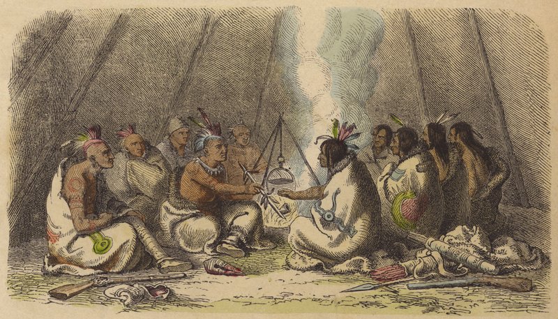 Amérindiens des tribus Fox et Raven fumant le calumet de la paix - German School
