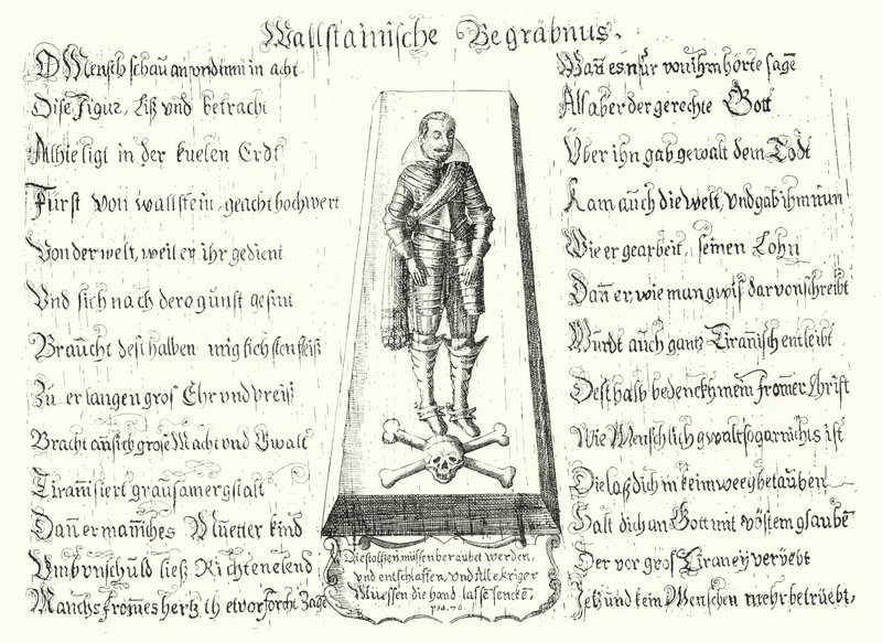Brochure publiée en mémoire du leader militaire bohémien assassiné Albrecht von Wallenstein (gravure) - German School