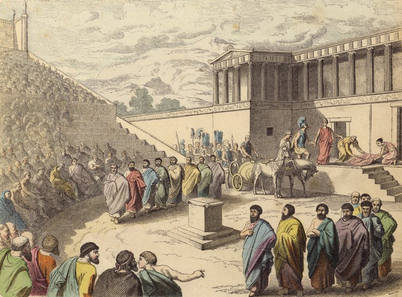 Représentation de la pièce Agamemnon dans un théâtre en Grèce antique (gravure en couleur) - German School