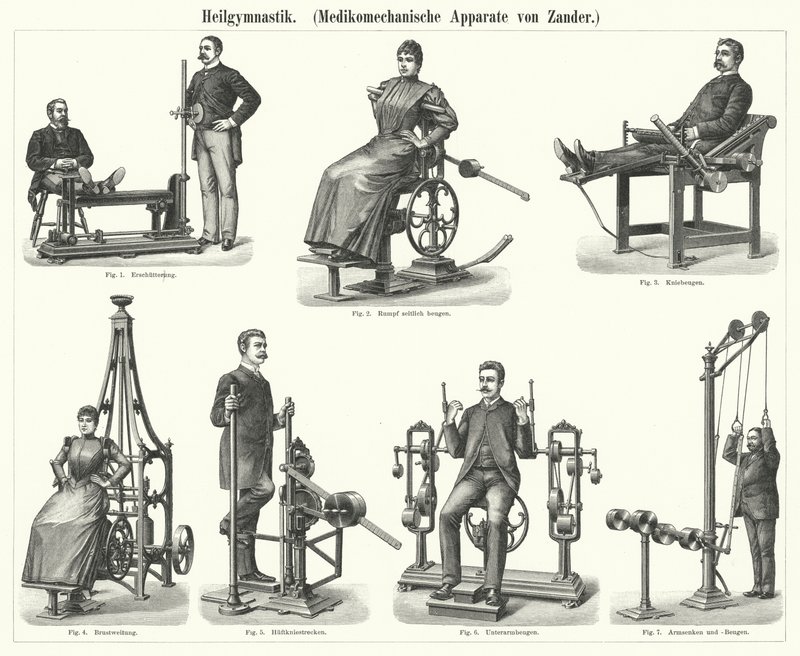 Physiothérapie : appareil de mécanothérapie inventé par le médecin et orthopédiste suédois Gustav Zander (gravure) - German School