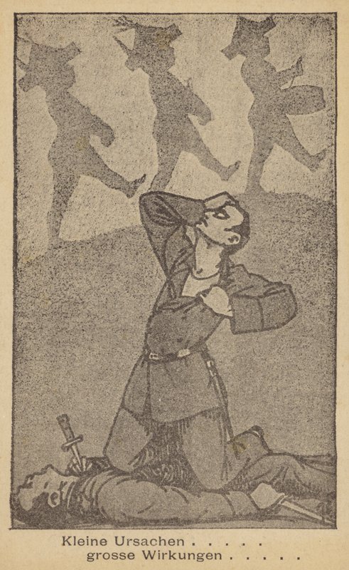 Petites causes, grands effets. Illustration allemande contre la guerre, publiée par la WILPF (Ligue internationale des femmes pour la paix et la liberté), fin des années 1920 (lithographie). - German School