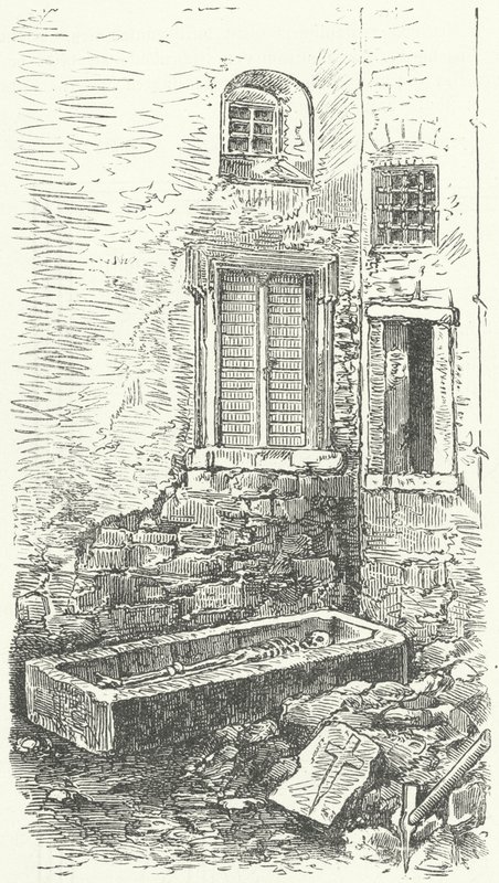 Cercueil en pierre contenant un squelette, supposé être celui du poète lyrique moyen haut-allemand Walther von der Vogelweide, Wurtzbourg (gravure) - German School