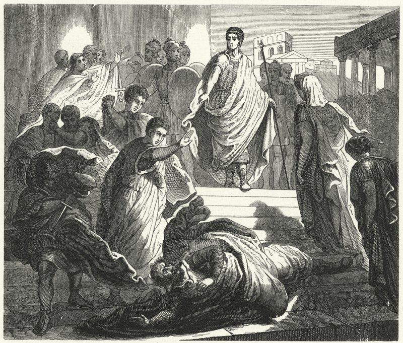 Tarquinius Superbus assassinant son beau-père, Servius Tullius, pour revendiquer le trône romain (gravure) - German School