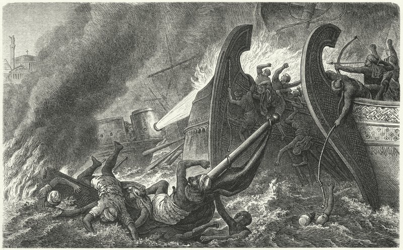 Les Byzantins utilisant le feu grégeois contre une flotte arabe attaquante - German School