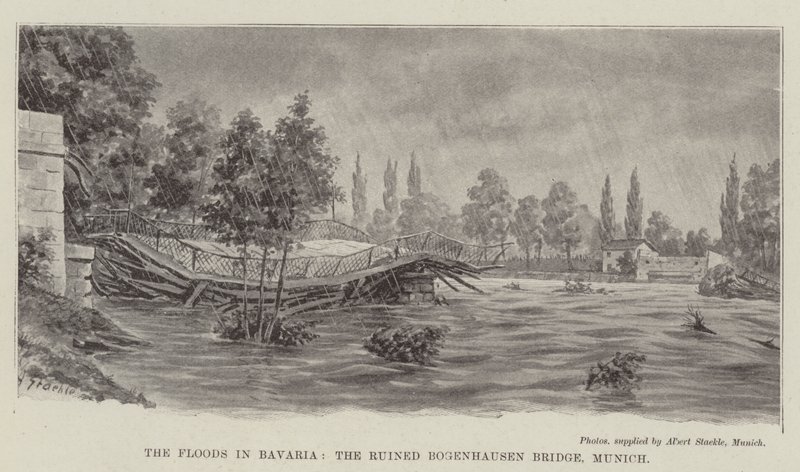 Les inondations en Bavière, le pont Bogenhausen en ruines, Munich (lithographie) - German School