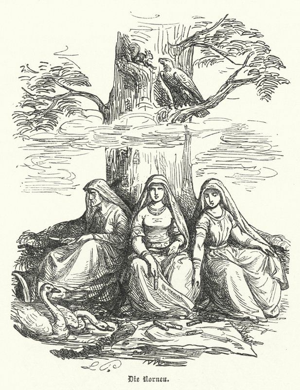 Les Nornes, êtres féminins de la mythologie nordique (gravure) - German School