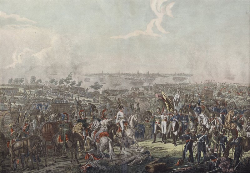 Le prince de Schwarzenberg apportant la nouvelle de la victoire à la bataille de Leipzig aux souverains alliés le soir du 18 octobre 1813 - German School