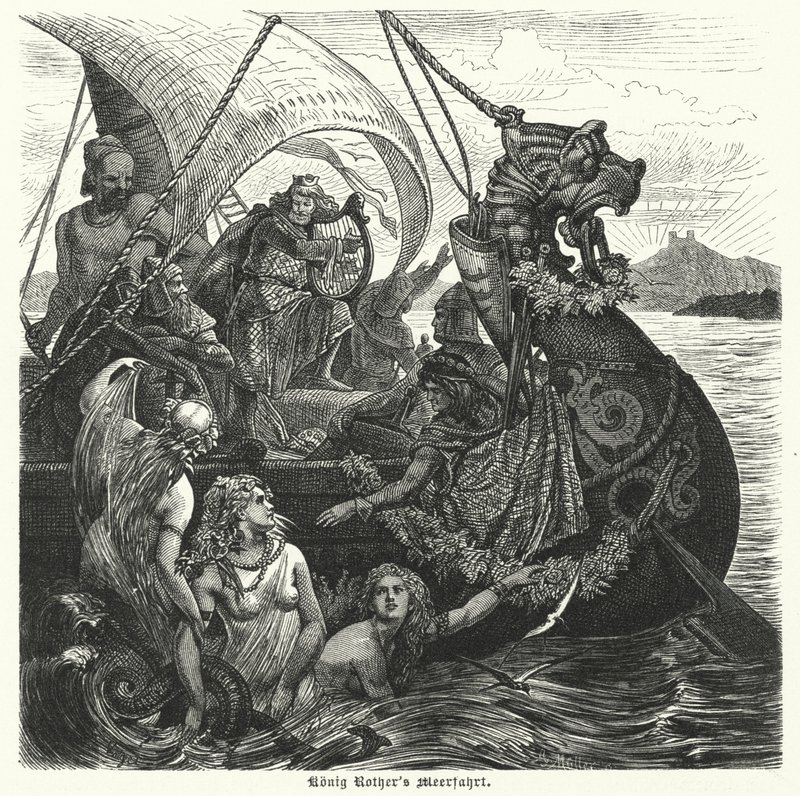 Le voyage en mer du roi Rother (gravure) - German School