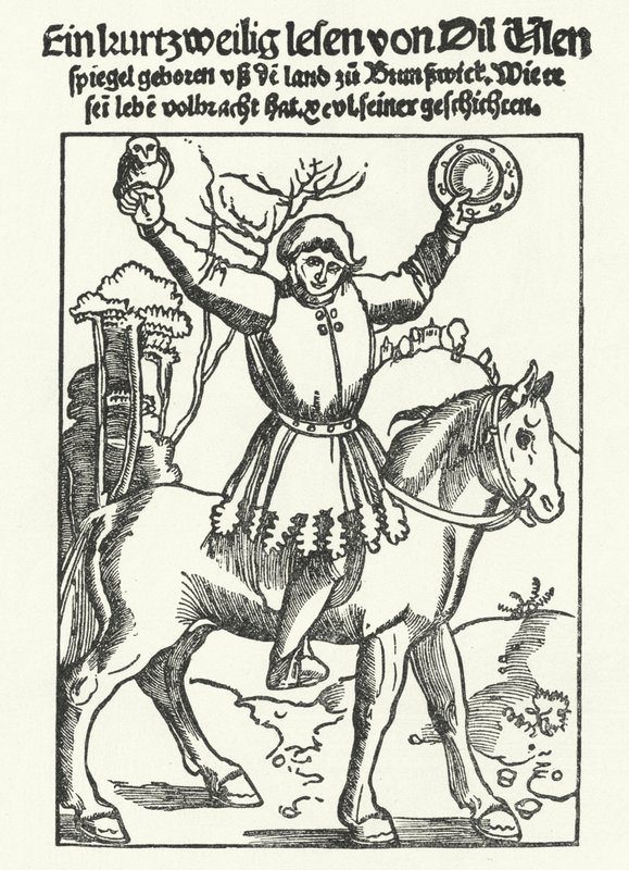 Till Eulenspiegel représenté avec une chouette et un miroir (gravure) - German School
