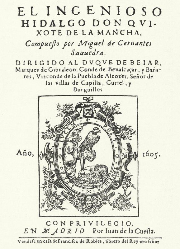 Page de titre de la première édition du roman Don Quichotte, par Miguel de Cervantes (gravure) - German School