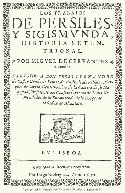 Page de titre de la première édition du roman Los trabajos de Persiles y Sigismunda de Miguel de Cervantes - German School