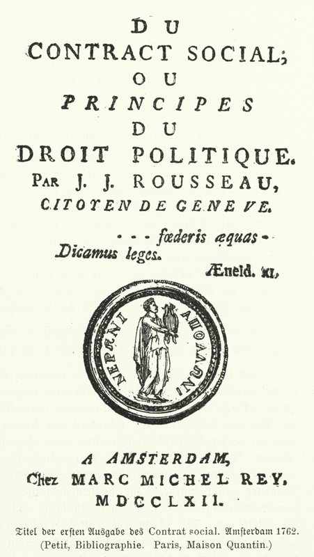 Page de titre de la première édition du Contrat social, par Jean-Jacques Rousseau - German School
