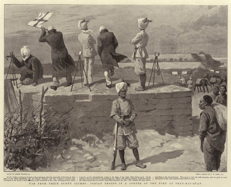 Loin de leurs climats ensoleillés, troupes indiennes dans un coin du fort à Shan-Hai-Quan - Gordon Frederick Browne