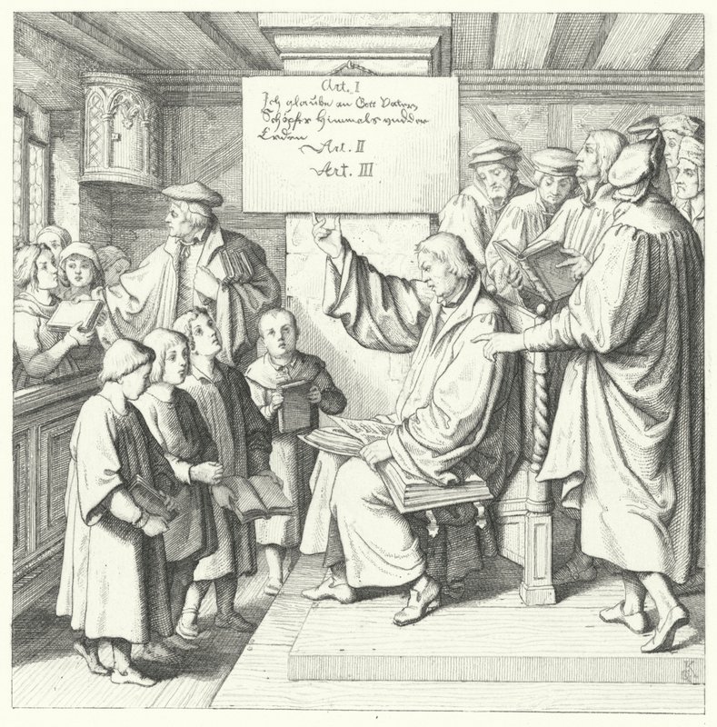 Martin Luther introduit le catéchisme aux écoliers (gravure) - Gustav Ferdinand Leopold Konig