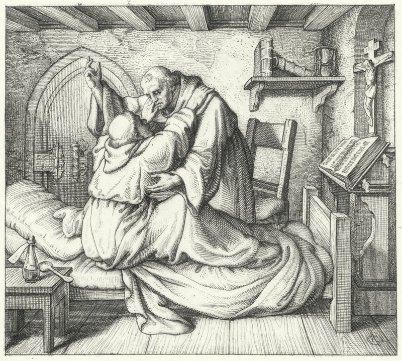 Martin Luther est consolé par un moine pendant son tourment spirituel au monastère (gravure) - Gustav Ferdinand Leopold Konig