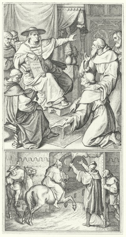 Martin Luther quittant le légat du Pape à Wittenberg, Thomas Cajetan (haut). Martin Luther quittant la ville d