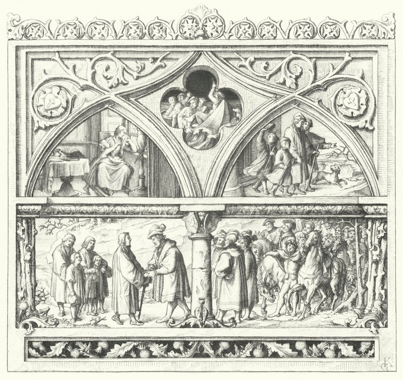 Adieux de Martin Luther à sa famille avant son dernier voyage à Mansfeld, sa vie sur la route et son accueil par les comtes de Mansfeld (gravure) - Gustav Ferdinand Leopold Konig