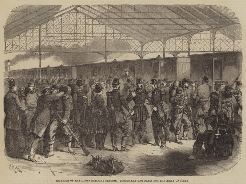 Intérieur de la gare de Lyon, troupes quittant Paris pour l
