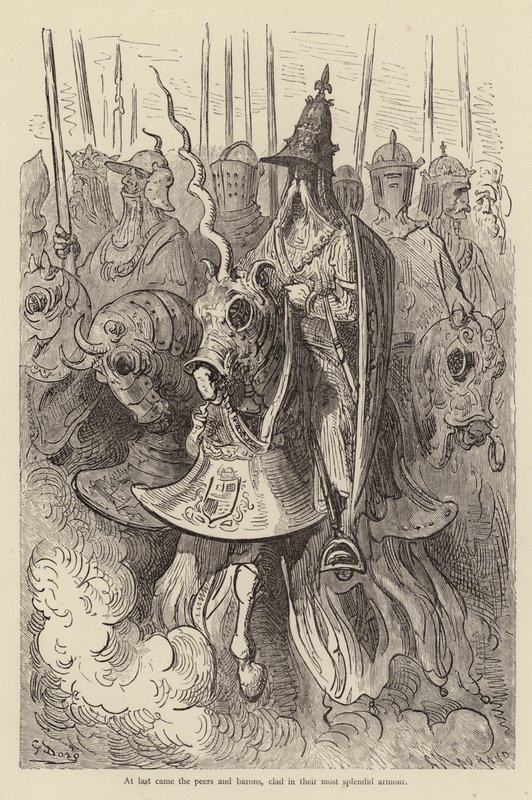 Enfin vinrent les pairs et barons, vêtus de leurs plus splendides armures - Gustave after Dore