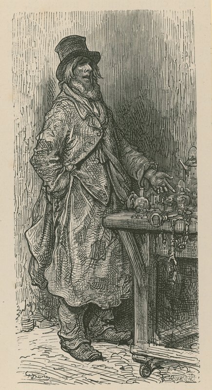 Un homme vendant ses marchandises depuis un étal de marché - Gustave Dore