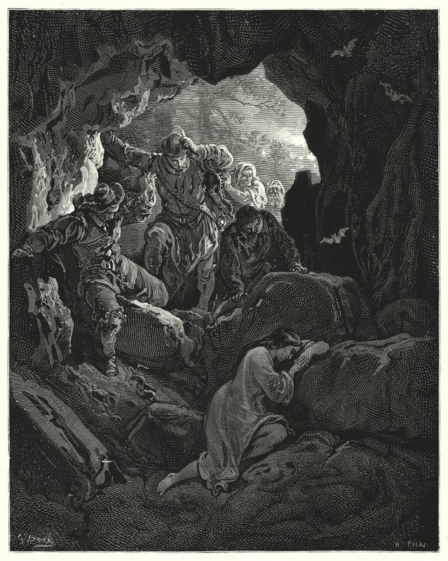 Don Quichotte de Gustave Doré : "Un groupe avec des officiers est envoyé ... qui trouve la pauvre Leandra dans une grotte de l