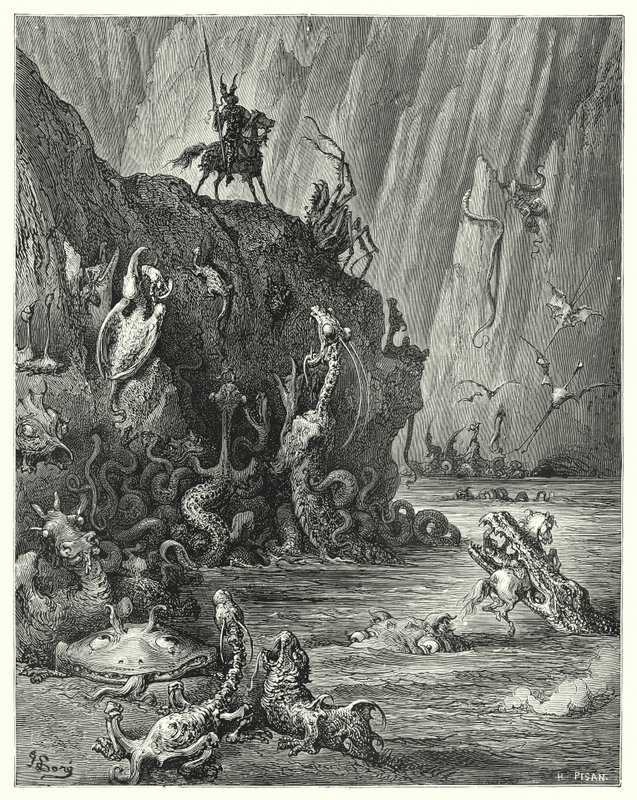 Don Quichotte de Gustave Doré : "Un vaste lac de poix bouillante, dans lequel une multitude infinie de créatures féroces et terribles traversent en arrière et en avant" - Gustave Dore