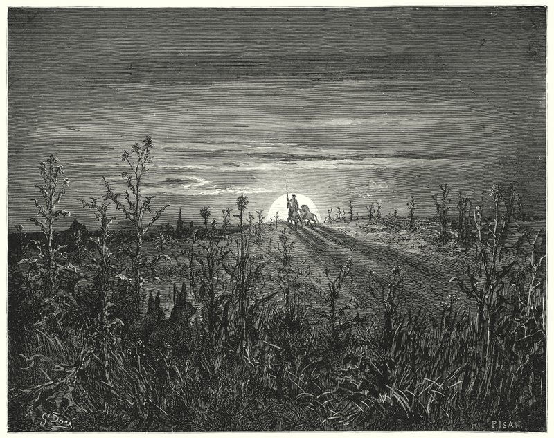 Don Quichotte : "Ami Sancho," dit Don Quichotte, "je trouve que la nuit approchante nous surprendra avant que nous puissions atteindre Toboso" (gravure) - Gustave Dore