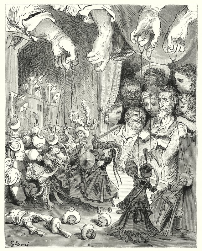 Don Quichotte de Gustave Doré: "Observez quelle vaste compagnie de cavaliers étincelants sort de la ville, à la poursuite des amants chrétiens" (gravure) - Gustave Dore