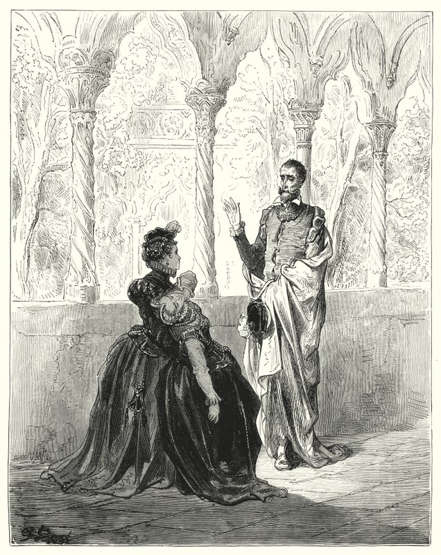 Don Quichotte : "Je vous en prie, mon Seigneur Don Quichotte, retirez-vous, car cette pauvre jeune créature ne reviendra pas à elle tant que vous serez là" (gravure) - Gustave Dore