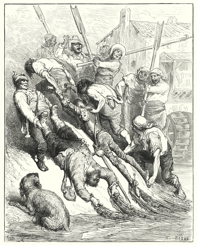 Don Quichotte de Gustave Doré : "Ils furent tous deux tirés à terre, plus trempés que assoiffés" - Gustave Dore