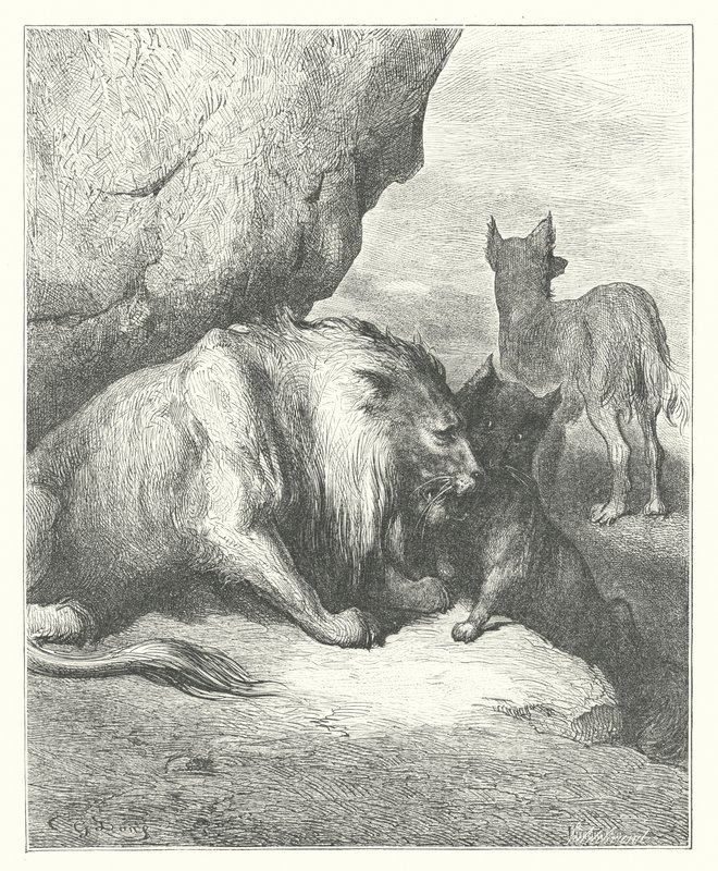 Les Fables de La Fontaine : Le Lion, le Loup et le Renard (gravure) - Gustave Dore