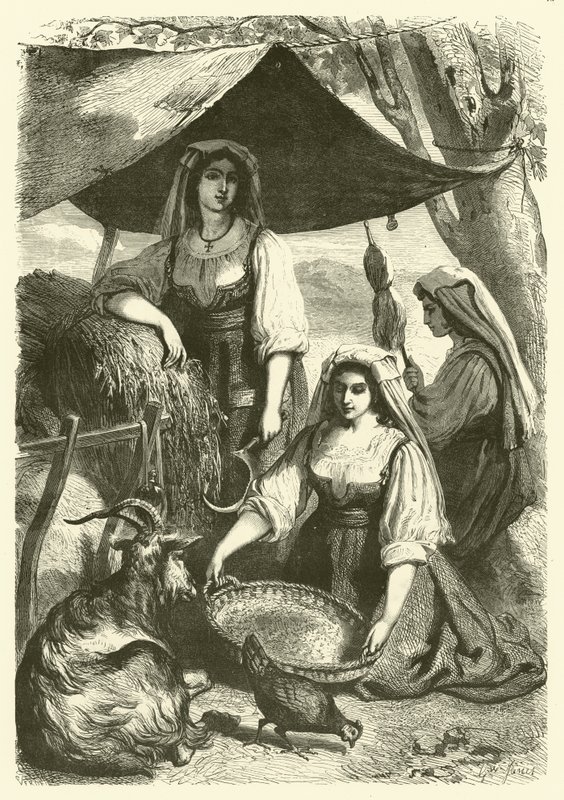 Femmes vendant du foin aux charretiers au bord de la route, Italie - Gustave Janet