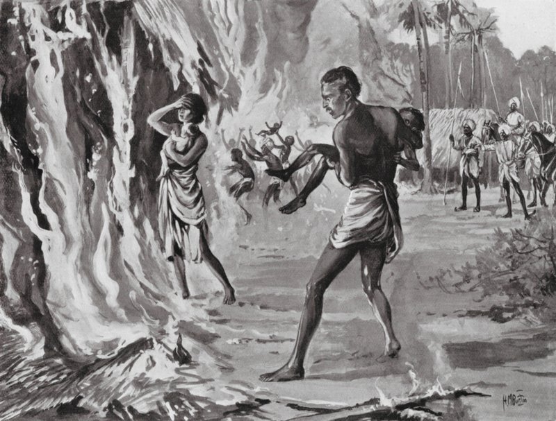 Villageois se brûlant pour éviter les Pindharis - H. M. (after) Burton