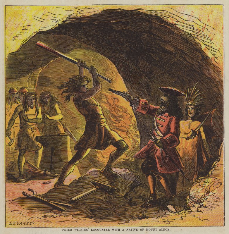 Rencontre de Peter Wilkins avec un natif du mont Alkoe (lithographie en couleur) - after Hablot Knight Browne