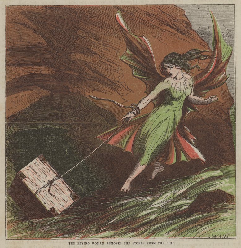 La femme volante retire les provisions du navire - after Hablot Knight Browne