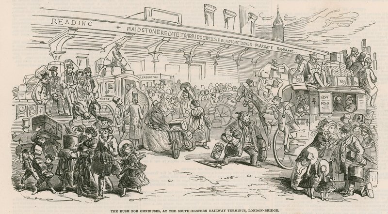 La Grande Grève des Cabs : La ruée vers les omnibus, à la gare de South-Eastern Railway, London Bridge - Hablot Knight Browne