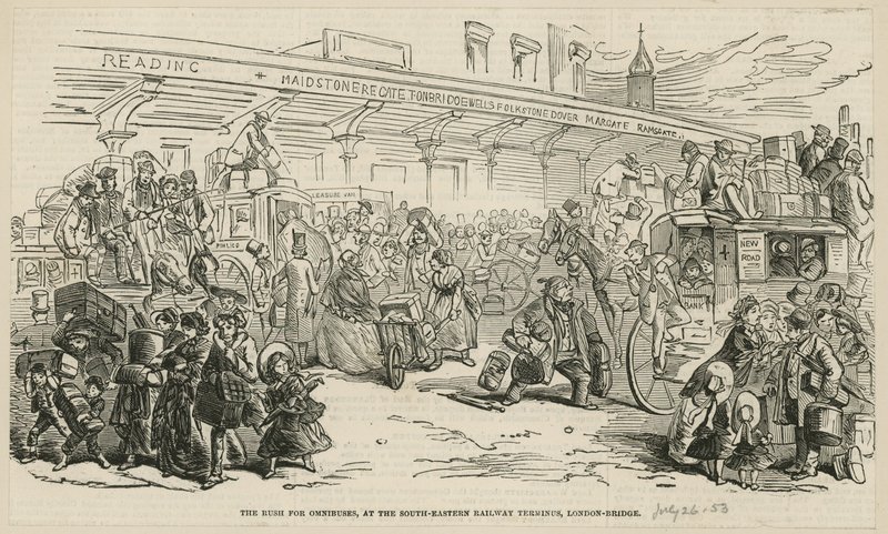 La ruée vers les omnibus au terminus du chemin de fer sud-est, London Bridge - Hablot Knight Browne