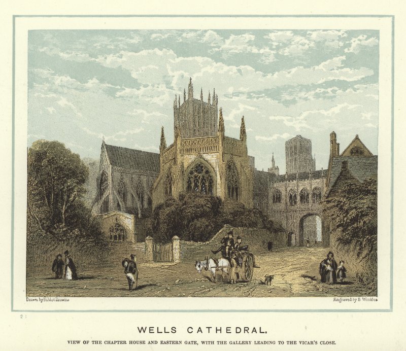 Cathédrale de Wells, vue de la salle capitulaire et de la porte est, avec la galerie menant à Vicar
