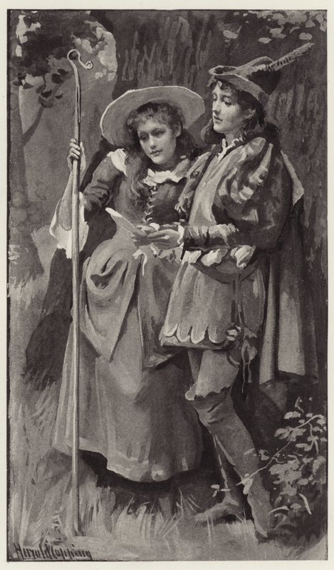 Ganimède et Aliena furent étrangement surpris de trouver le nom de Rosalinde gravé sur les arbres - Harold Copping
